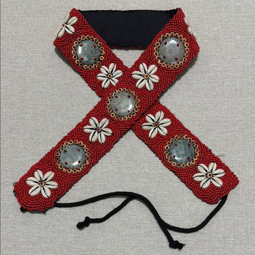 Vintage Belt-Tie On Style-Red Seed Beads/Shell & Stone Accents-Black Backing-EUC